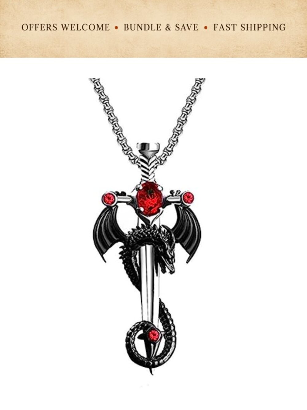 Gothic Sword Dragon Cross Pendant Necklace Alloy Zircon Punk Cosplay Jewelry